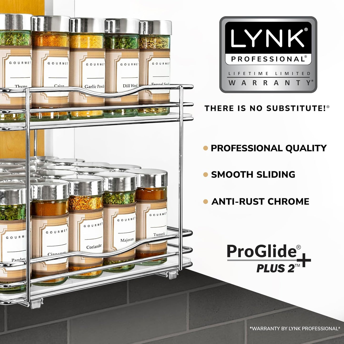 LYNK PROFESSIONAL® Pull Out Spice Organization for Cabinets - 4-3/8 inch Wide – Spice Rack for Inside Cabinets, Slide Out Spice Rack Organizer for cabinet – Pull Out Spice Rack, Sliding 2 Tier Chrome