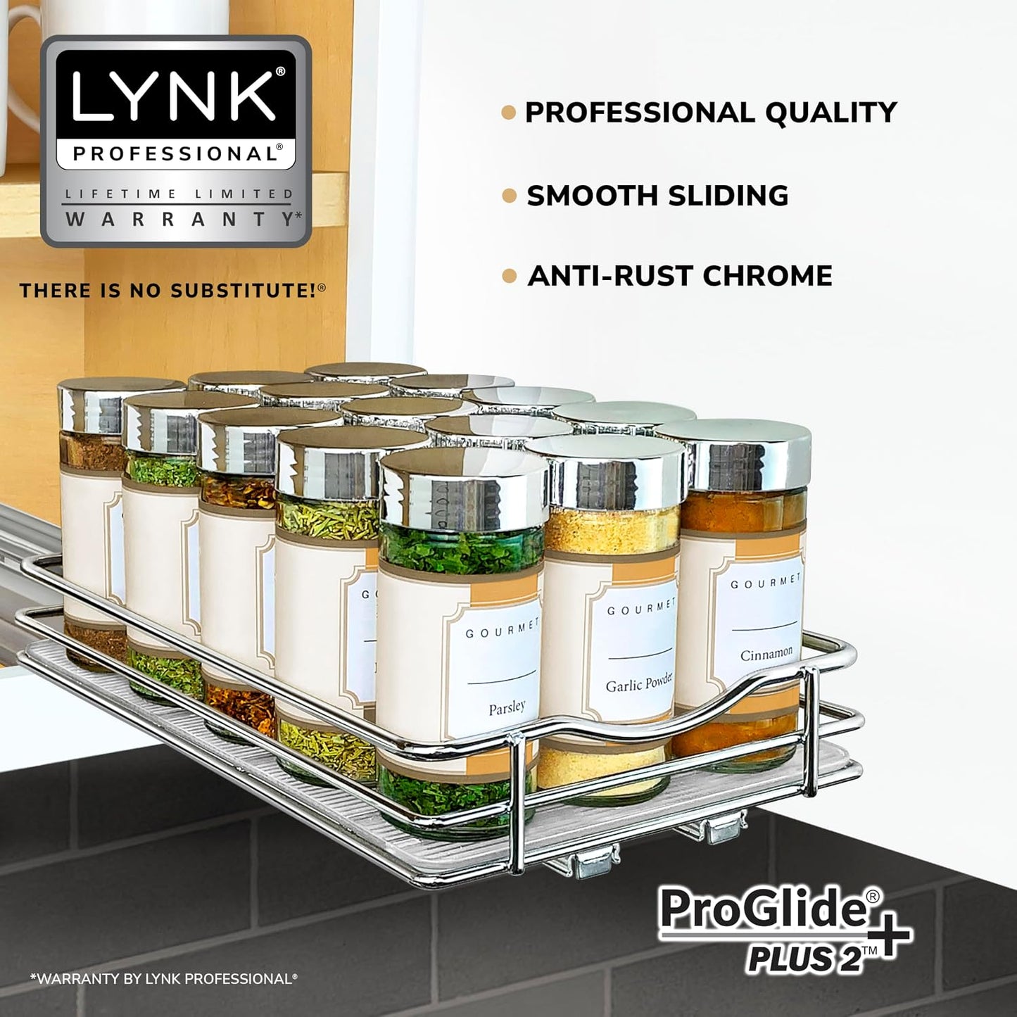 LYNK PROFESSIONAL® Pull Out Spice Organization for Cabinets - 4-3/8 inch Wide – Spice Rack for Inside Cabinets, Slide Out Spice Rack Organizer for cabinet – Pull Out Spice Rack, Sliding 2 Tier Chrome