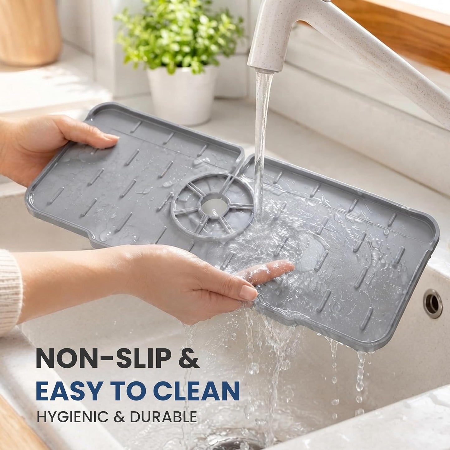 Faucet Splash Guard Mat for Kitchen Sink, Gray & Black, Set of 2 | TPR Drain Pad, Adjustable Center Hole, Self-Draining, Non-Slip, Fits 1.5"–2.5" Base