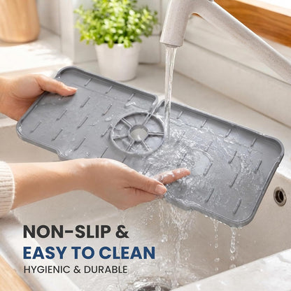 Faucet Splash Guard Mat for Kitchen Sink, Gray & Black, Set of 2 | TPR Drain Pad, Adjustable Center Hole, Self-Draining, Non-Slip, Fits 1.5"–2.5" Base