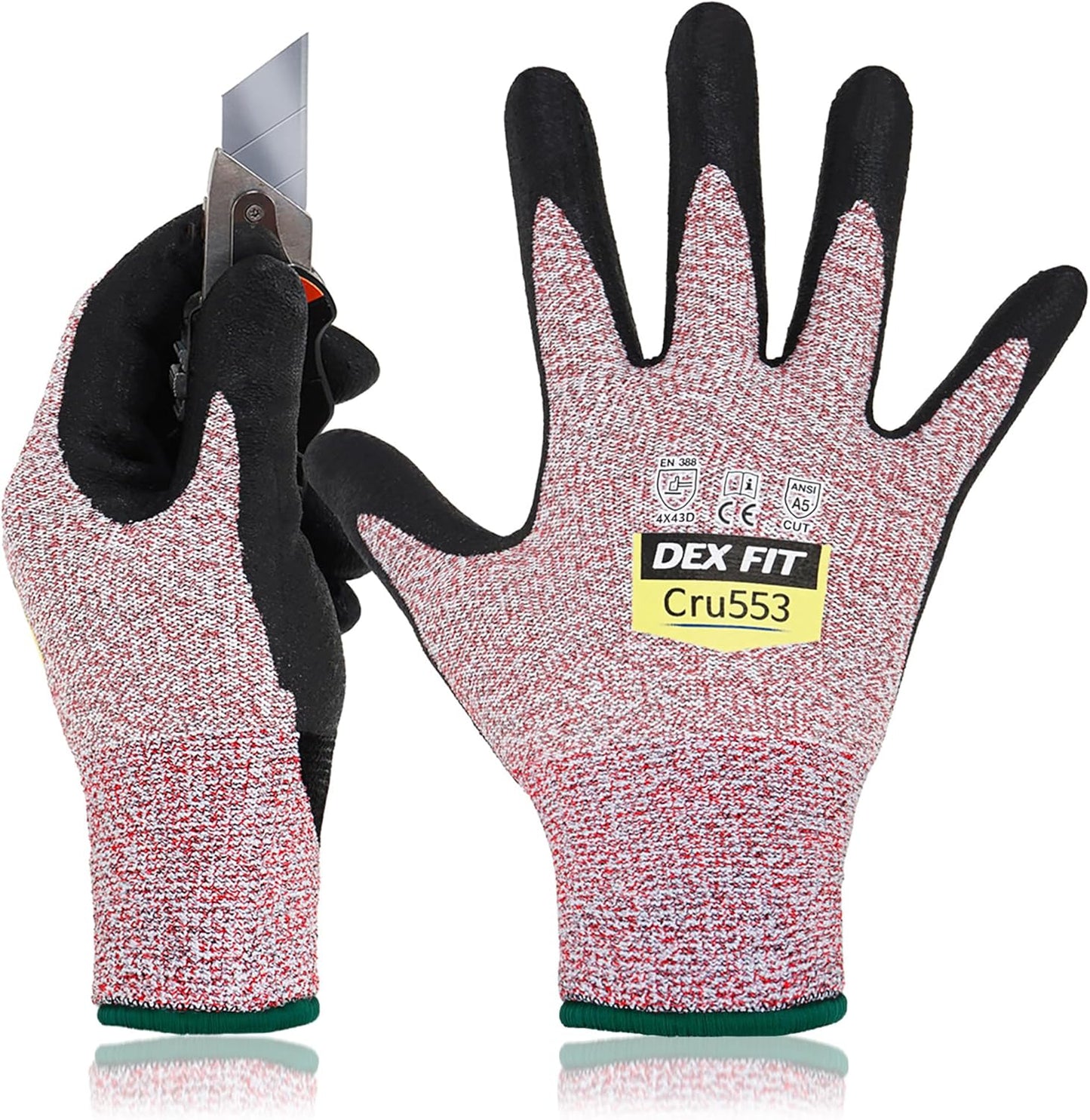 DEX FIT Level 5 Cut Resistant Gloves Cru553, 3D-Comfort Fit, Firm Grip, Thin & Lightweight, Touch-Screen Compatible, Durable, Breathable & Cool, Machine Washable; Grey L (9) 1 Pair
