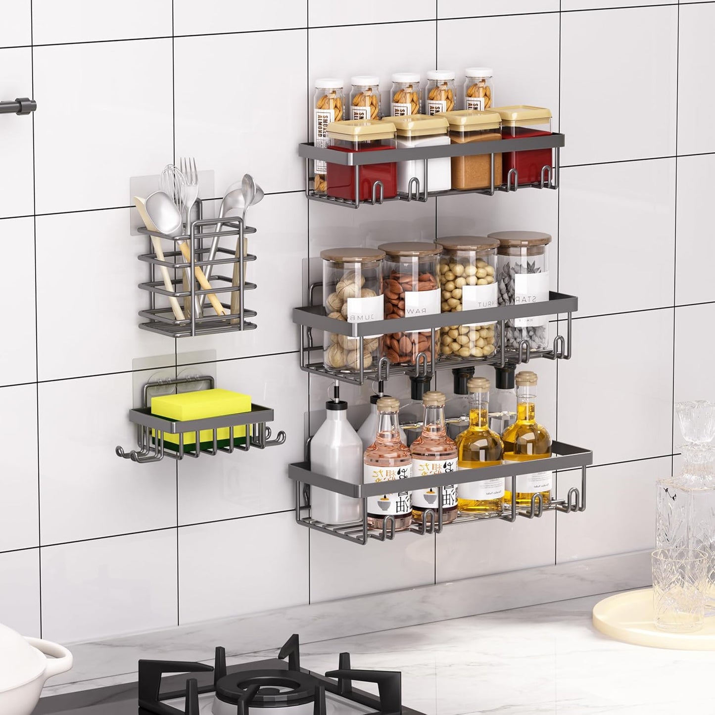 Liuoud 5 Pack Shower Caddy for Inside Shower, Gold Bathroom Storage Decor | Large Rustproof Stainless Steel Organizer with Strong Adhesive, No Drilling Wall Mounted Shelves, Bathroom Accessory Set