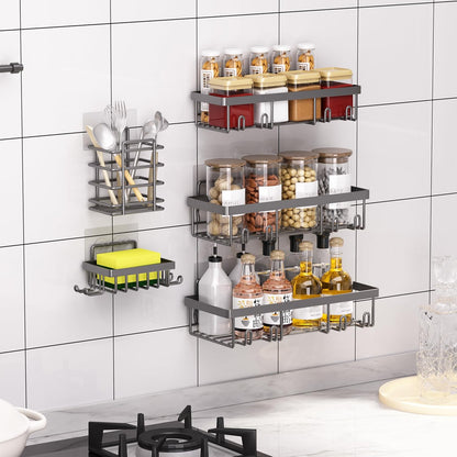 Liuoud 5 Pack Shower Caddy for Inside Shower, Gold Bathroom Storage Decor | Large Rustproof Stainless Steel Organizer with Strong Adhesive, No Drilling Wall Mounted Shelves, Bathroom Accessory Set