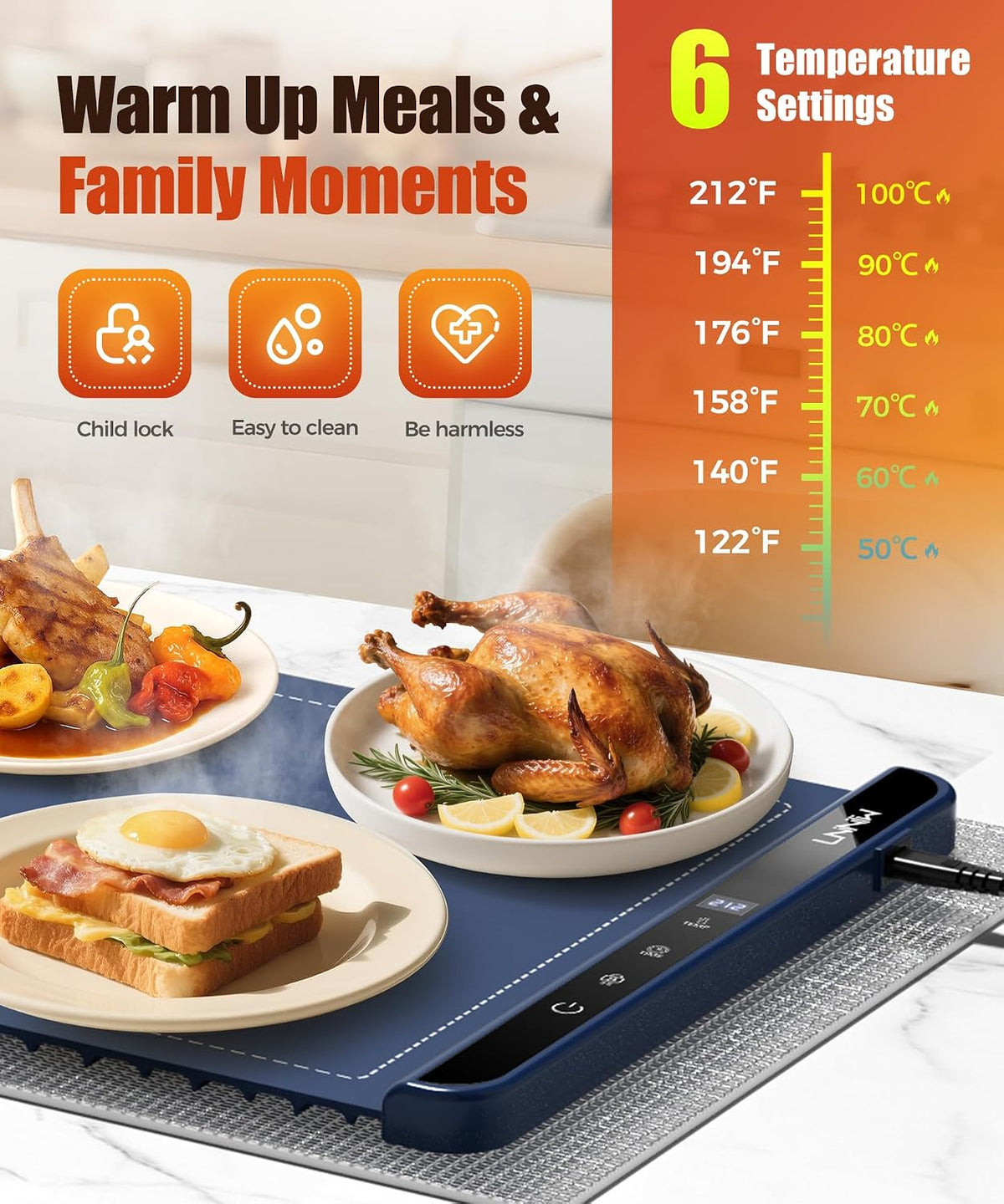 Warming Mat for Food, 26x15 Inch, Off White, Fast Heat, Child Lock