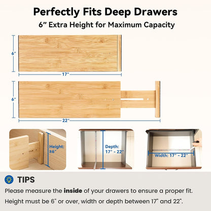 4 Pack 6" Deep Bamboo Drawer Dividers, 17-22" Expandable Kitchen Organizers | Adjustable Spring-Loaded Tension Separators with Foam Pad for Clothes, Utensils, Kitchen, Dresser, Nursery & Bathroom