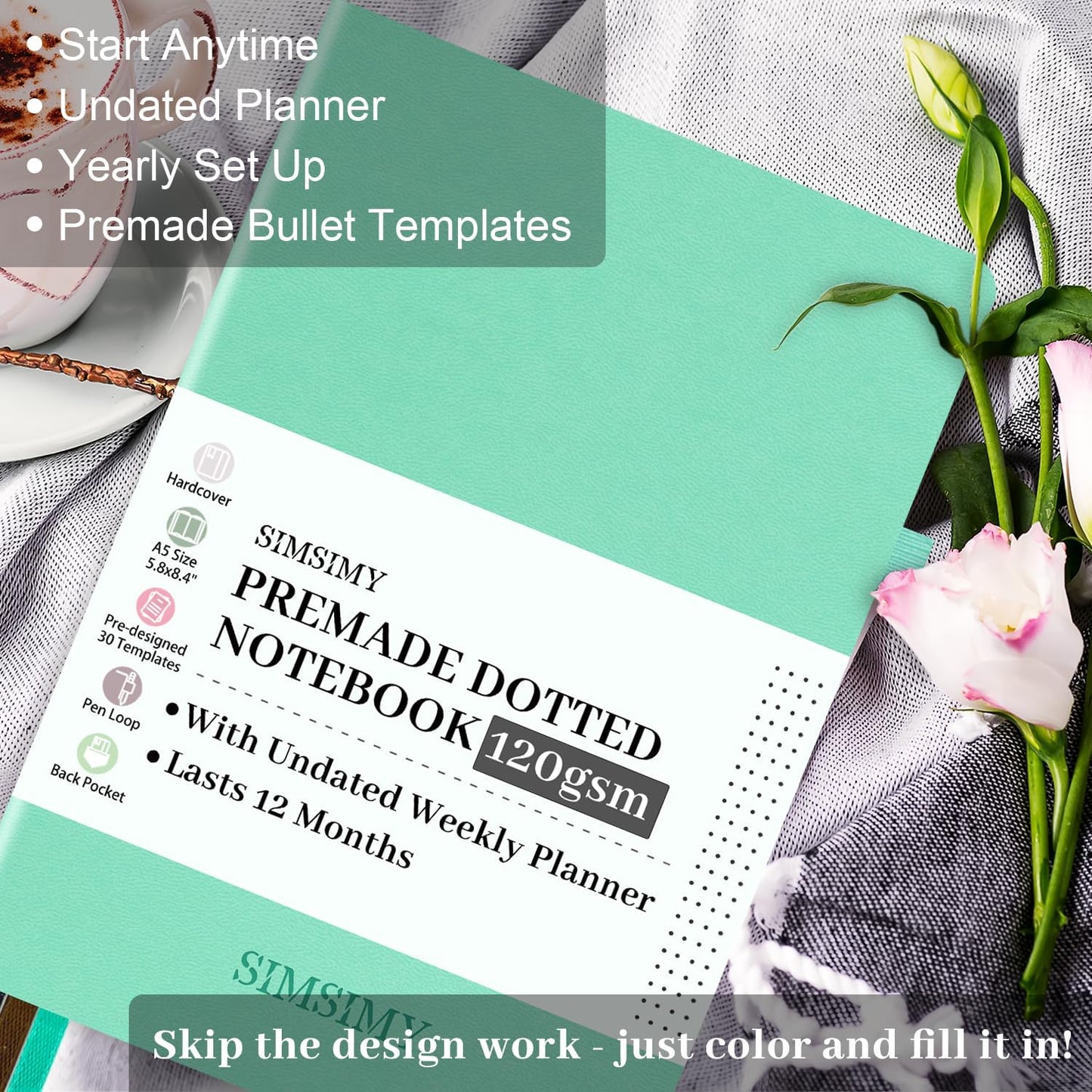 Premade Dotted Journal Notebook with Bullet Templates, Pre-made Dot Grid Journaling with Undated Weekly & Monthly Planner, Various Trackers - 12 Month Organization, A5 Hardcover
