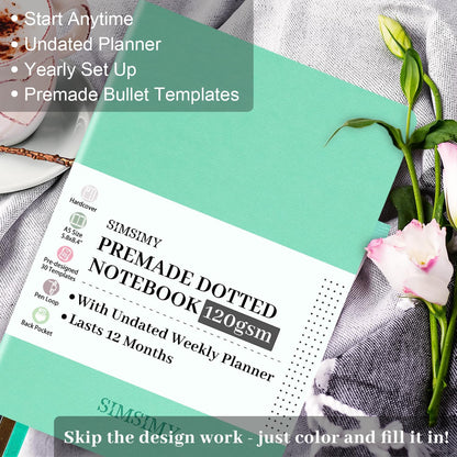 Premade Dotted Journal Notebook with Bullet Templates, Pre-made Dot Grid Journaling with Undated Weekly & Monthly Planner, Various Trackers - 12 Month Organization, A5 Hardcover