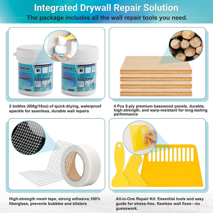 Drywall Repair Kit with 12"x12" Dry Wall Repair Panel, 33-in-One Drywall Patch Kit Wall Patch Repair Kit with Spackle, Mesh Tape, Putty Knives & Sanding Block for Wall Surface Ceiling Large Hole Fill