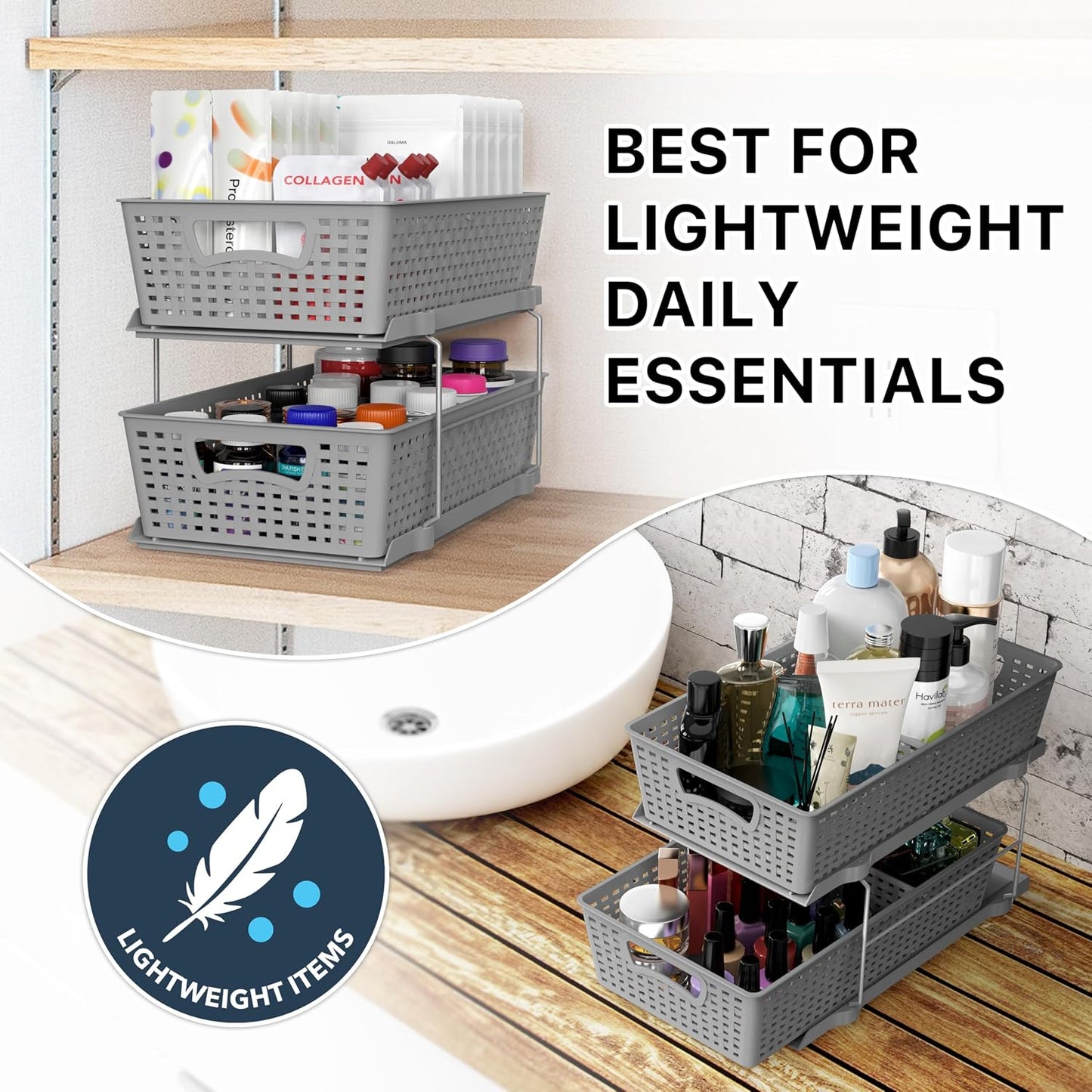 Simple Houseware 2 Tier Pull-Out Sliding Drawer Under Sink Storage, White | Great for Kitchen Bathroom Tray Shelf Organizer