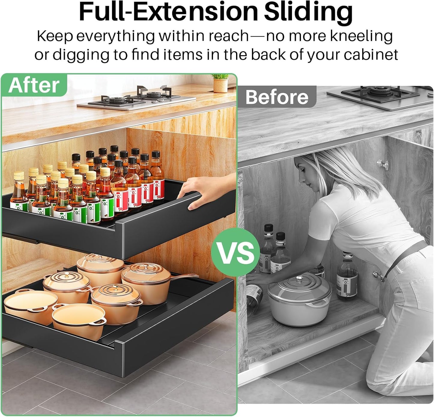 Pull out Cabinet Organizer, 21"Deep, Heavy Duty Full-Extension Slide out Drawers for Kitchen Cabinets with Nano Adhesive, Roll Out Shelf Sliding Cabinet for Pots, Bathroom, Pantry, Under Sink, White