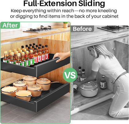 Pull out Cabinet Organizer, 21"Deep, Heavy Duty Full-Extension Slide out Drawers for Kitchen Cabinets with Nano Adhesive, Roll Out Shelf Sliding Cabinet for Pots, Bathroom, Pantry, Under Sink, White