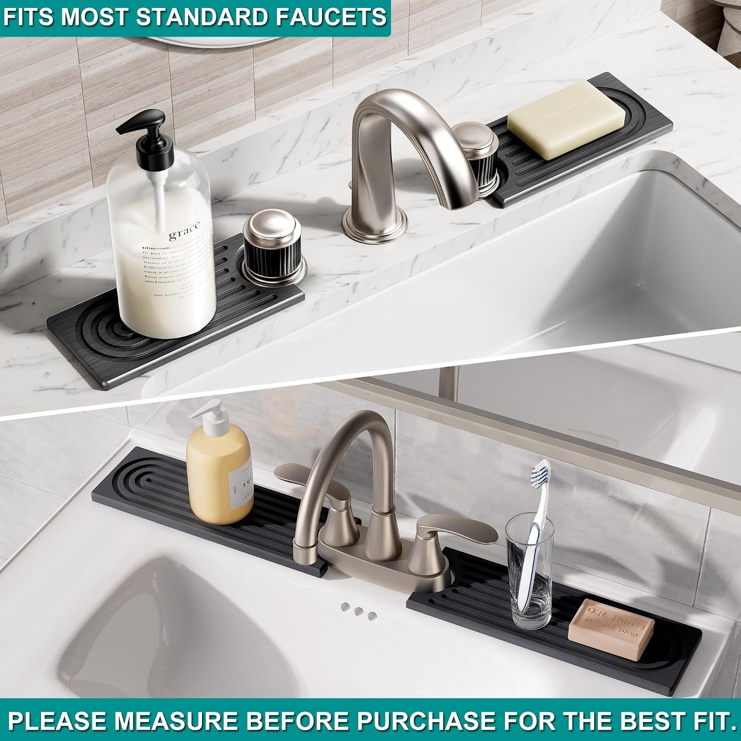 Stone Faucet Mat for Kitchen Sink - Quick Dry Diatomite Sink Splash Guard, Prevents Moisture Buildup & Water Stains, Water Absorbing Stone Tray for Bathroom Countertop (Dark Gray, 23.6" x 4")