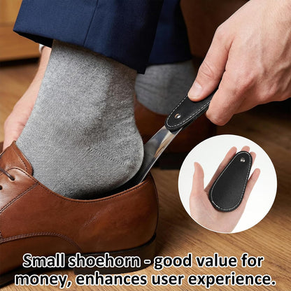 InnoHHustle Short Shoe Horn with PU Leather Cover 4.3 Inch Metal Shoe Spoon Portable Mini Travel Leather Shoehorn Travel Shoes Spoon Helper Short Shoes Tongue Pocket Handled Shoespooner for Women Man