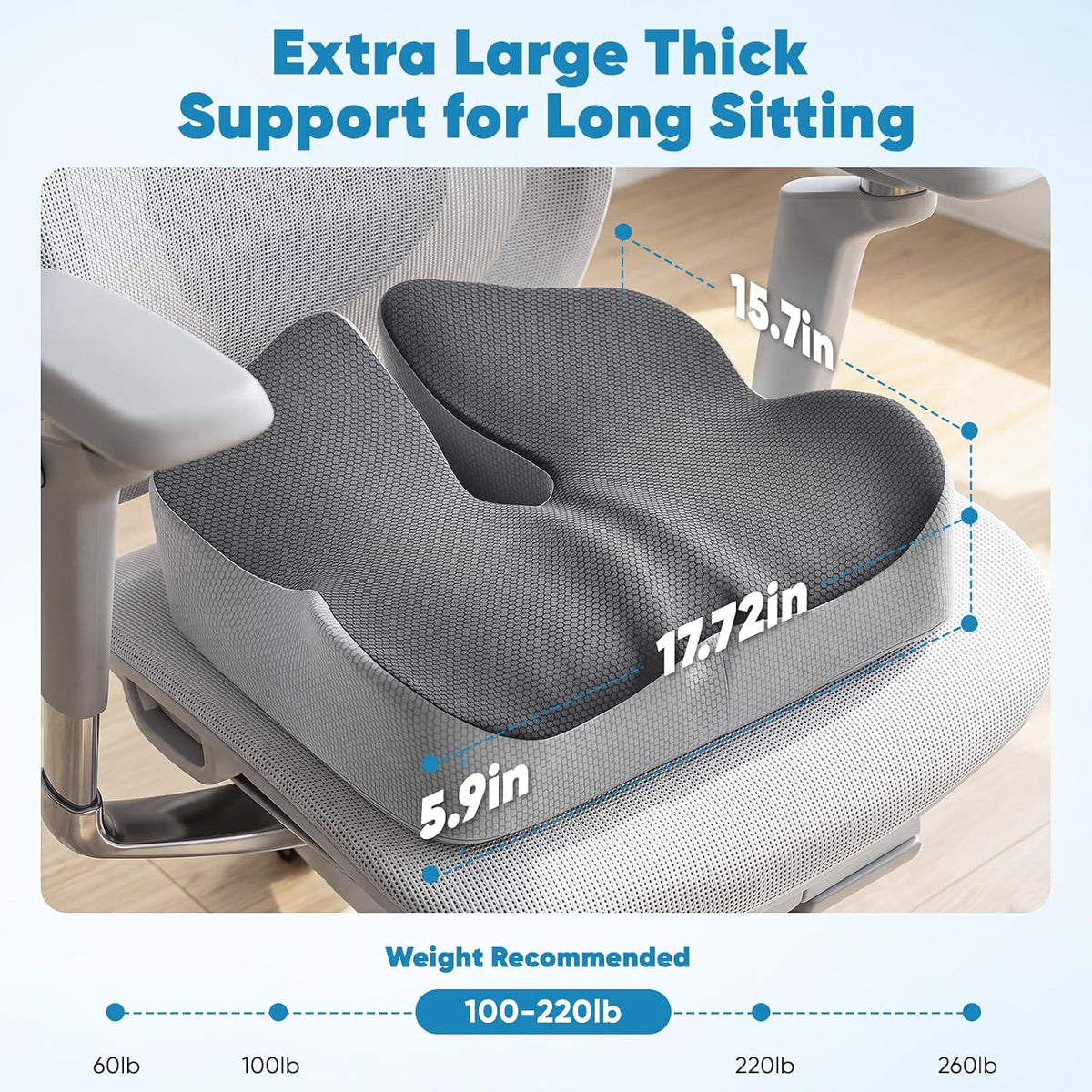 Office Chair Seat Cushion, Adjustable Height Memory Foam Cushion with Coccyx Cutout,Thick Ergonomic Seat Pad for Long Sitting, Tailbone Support for Desk Chair, Washable Cover