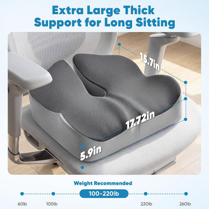 Office Chair Seat Cushion, Adjustable Height Memory Foam Cushion with Coccyx Cutout,Thick Ergonomic Seat Pad for Long Sitting, Tailbone Support for Desk Chair, Washable Cover