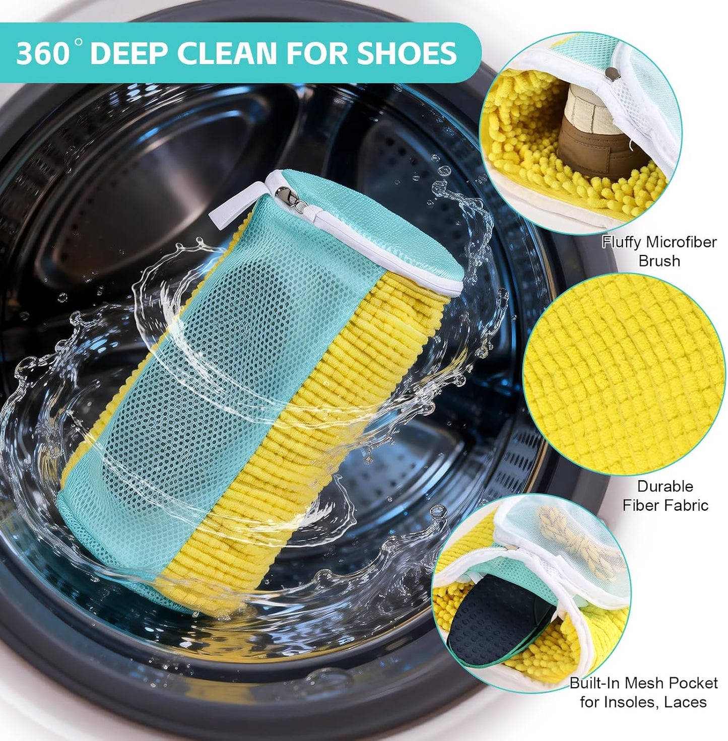 Shoe Washing Machine Bag Reusable Sneaker Washing Bag with Built-in Fluffy Brushes for 360° All-Around Cleaning, Laundry Shoe Bag is Designed for Washer and Dryer （Yellow 2pcs）