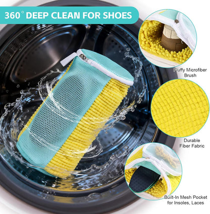 Shoe Washing Machine Bag Reusable Sneaker Washing Bag with Built-in Fluffy Brushes for 360° All-Around Cleaning, Laundry Shoe Bag is Designed for Washer and Dryer （Yellow 2pcs）