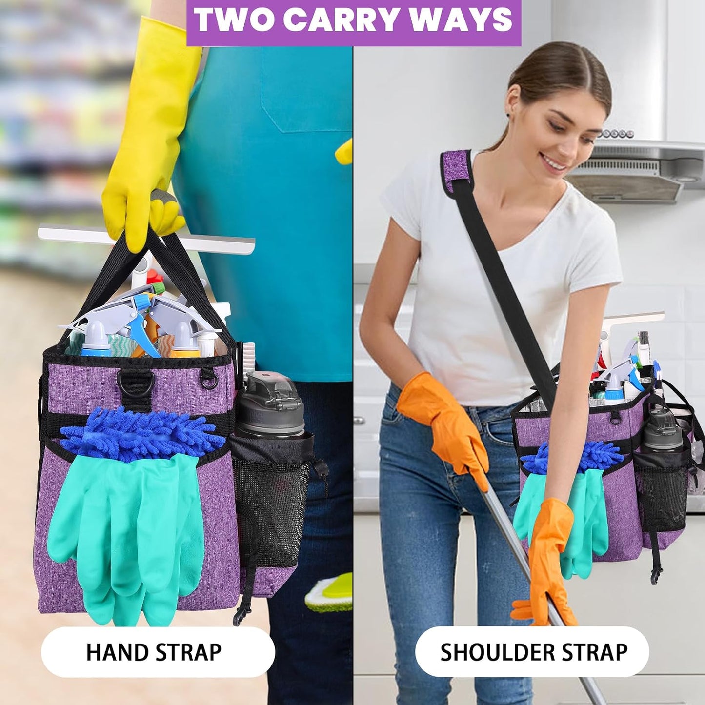 Large Cleaning Caddy Bag Built-in hard plastic sheet Aluminum foil lining | Waterproof nylon, aluminum foil lining, detachable dividers, dual straps for housekeepers