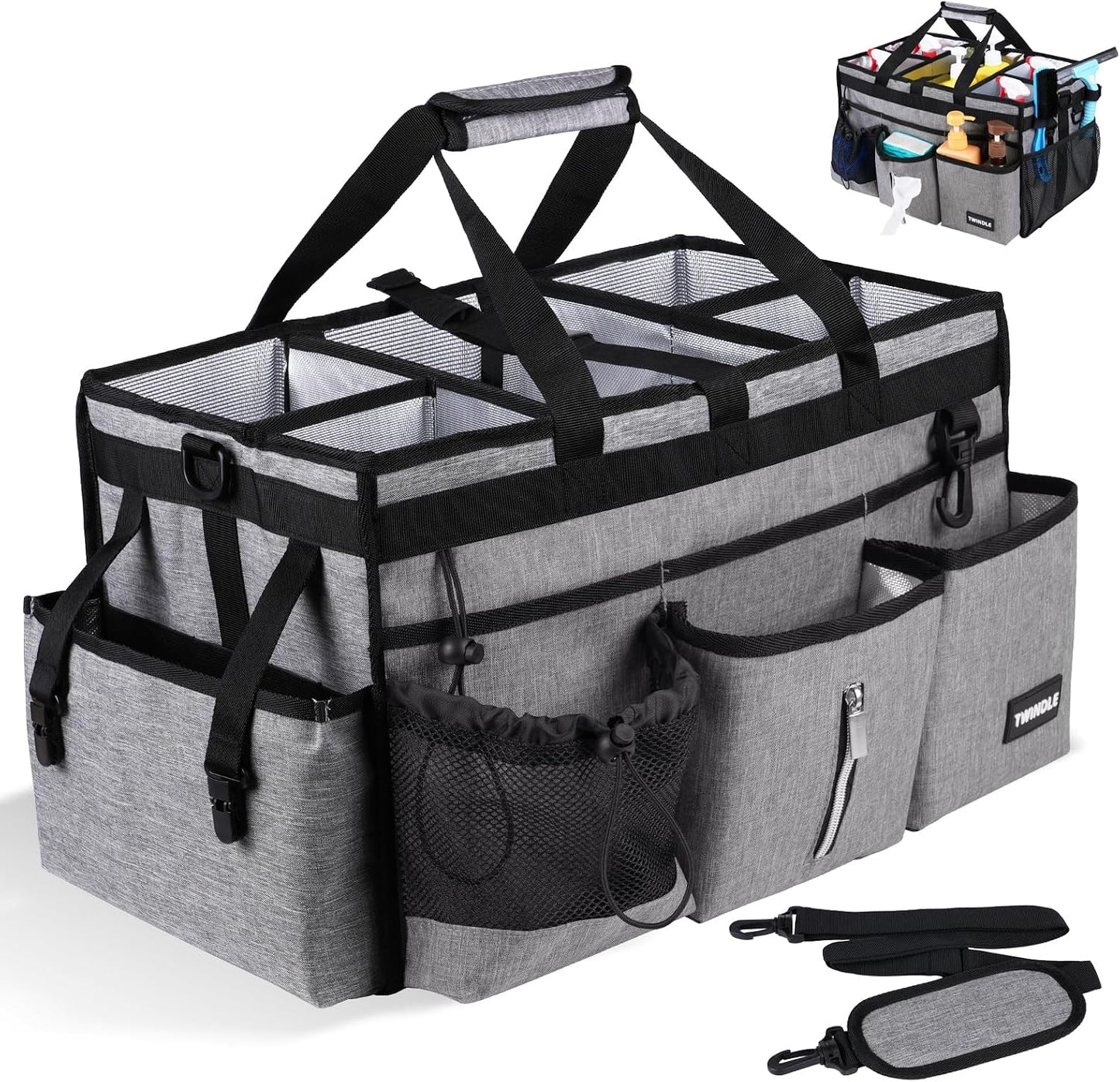 Extra Large Cleaning Caddy Bag with Built-In Support Board, Cleaning Tote Organizer with Removable Divider, Supply Carryall with Adjustable Shoulder Strap and Waist Belt for Cleaners & Housekeeper