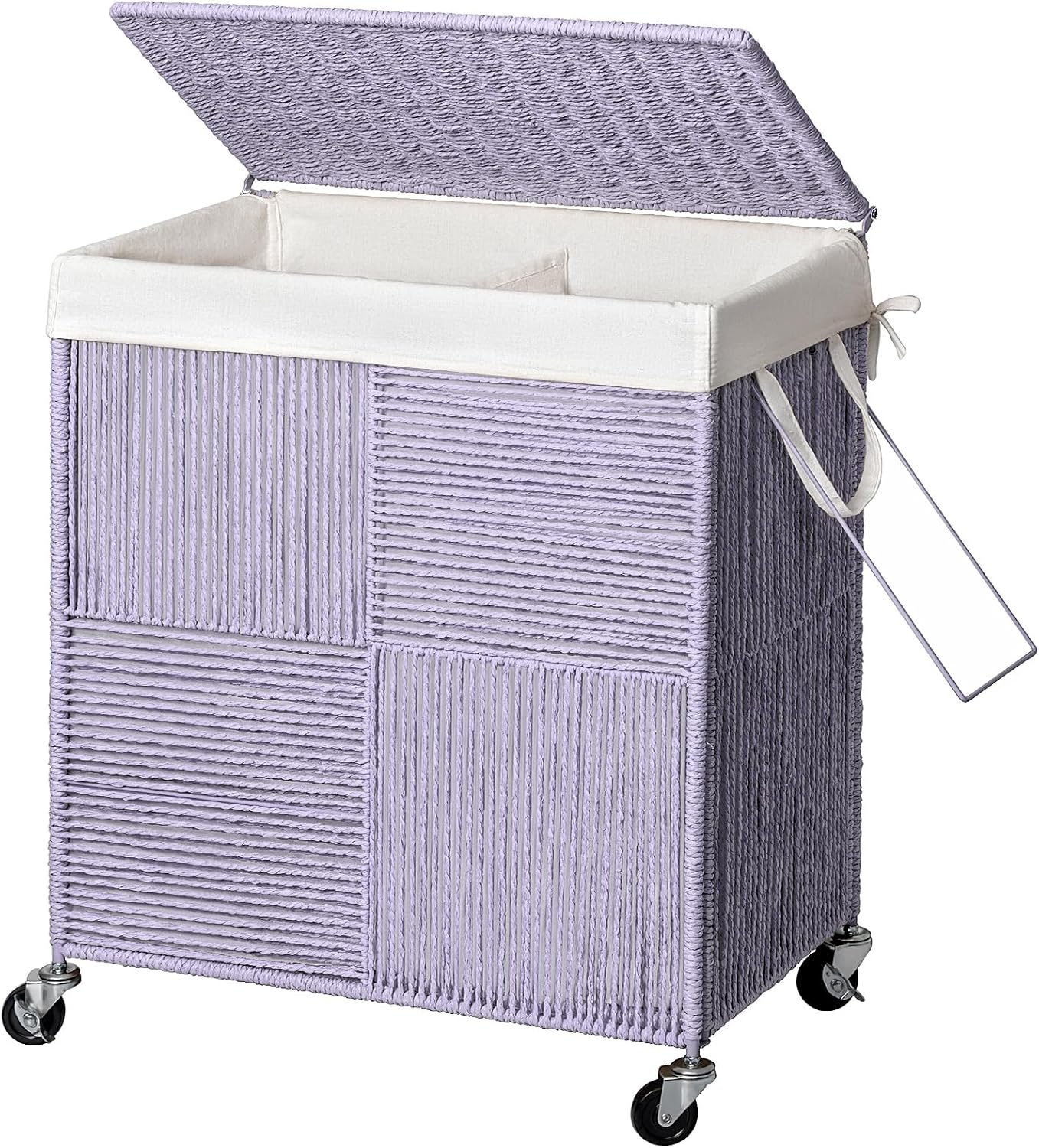 WOWLIVE Double Laundry Hamper with Wheels, Handwoven Rolling Laundry Basket | 115L Dirty Clothes Hamper with Lid, Removable Liner Bag, Large Capacity Laundry Sorter Laundry Room Organization, Green