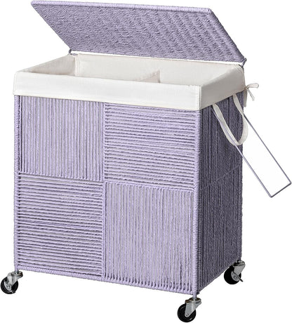 WOWLIVE Double Laundry Hamper with Wheels, Handwoven Rolling Laundry Basket | 115L Dirty Clothes Hamper with Lid, Removable Liner Bag, Large Capacity Laundry Sorter Laundry Room Organization, Green