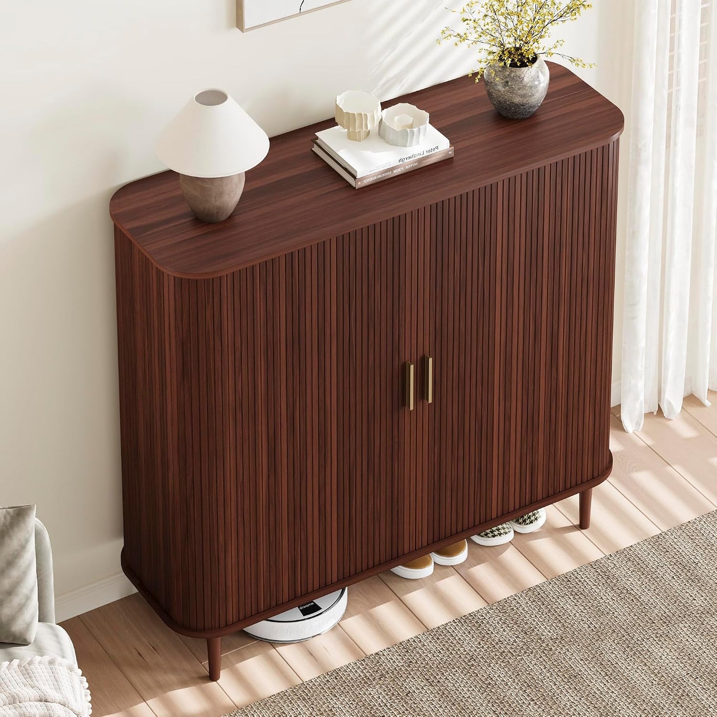 DHH Shoe Storage Cabinet with Sliding Door, 6-Tier Shoe Cabinet with Adjustable Shelves, Modern Freestanding Shoe Storage Organizer for Entryway, Hallway, Living Room (Walnut, 47 ")