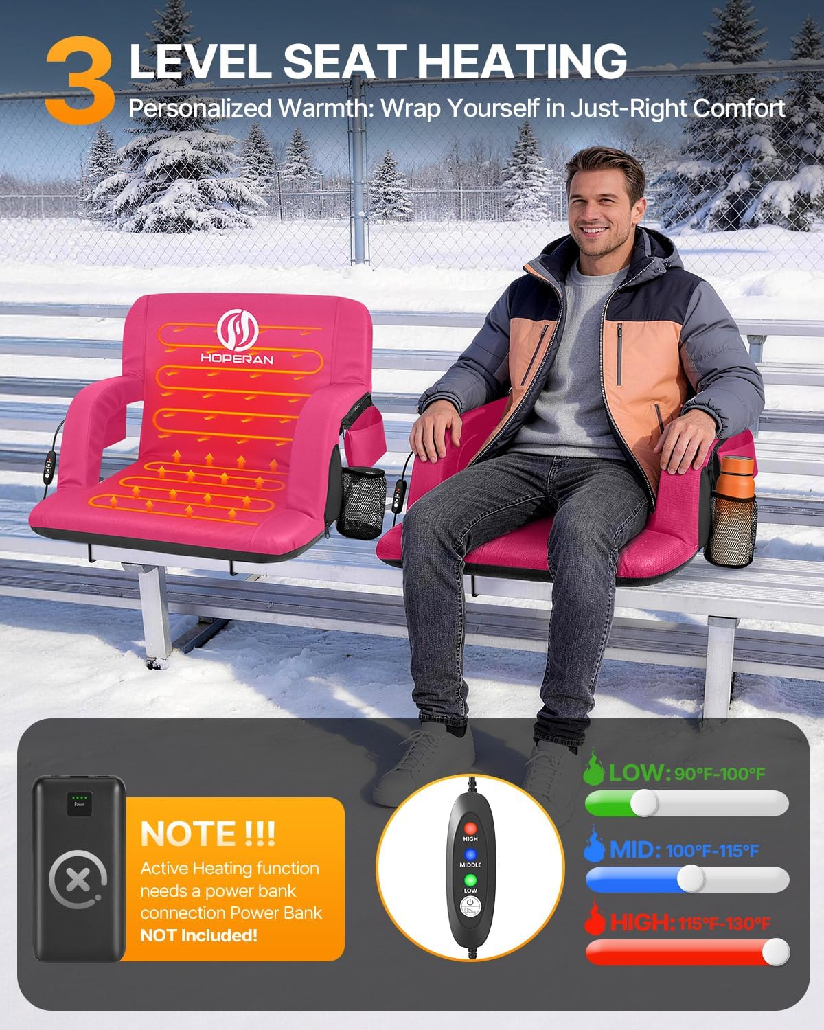 HOPERAN 21" Heated Stadium Seats for Bleachers with Back Support, Black 2PC | Seat & Back Heat Wired Control, 3 Heat Levels (NO Battery), Soft Cushion, 6 Recline, Anti-Slip, Side Pockets, Backpack Straps