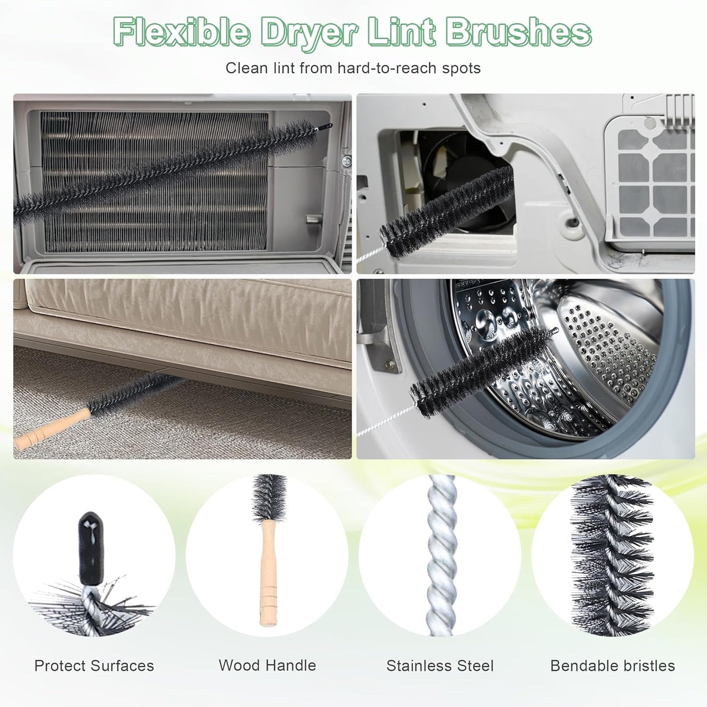 2 PCS Dryer Vent Cleaner Kit Compatible with Most Vacuum Cleaner | Dryer Lint Brush and Vacuum Hose Attachment with Universal Elastic Connector, Quickly Lint Remover