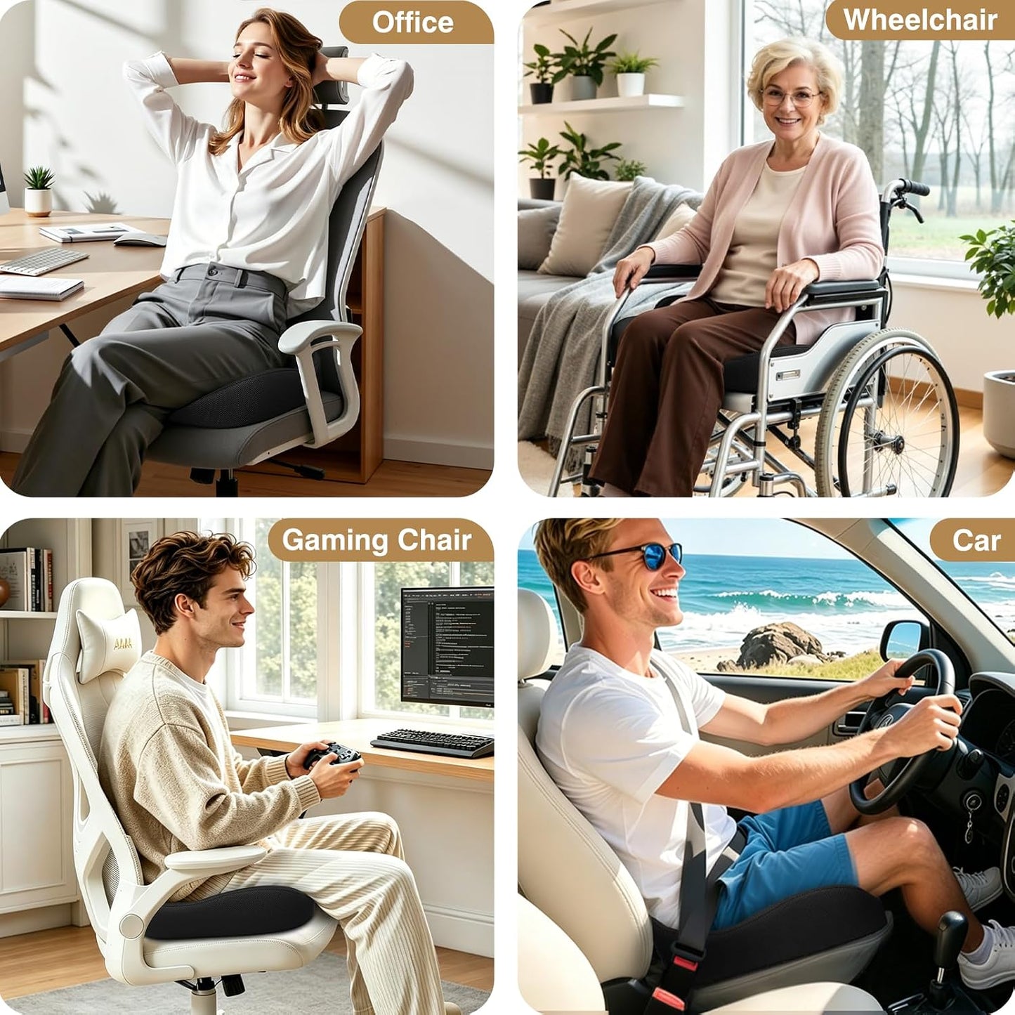 TushGuard 4-Zone Ergonomic Seat Cushion with Coccyx Cutout, Black | Office Chair Cushions for Tailbone Pain, Non-Slip Bottom, Breathable Washable Mesh, Versatile Use for Car, Office, Wheelchair