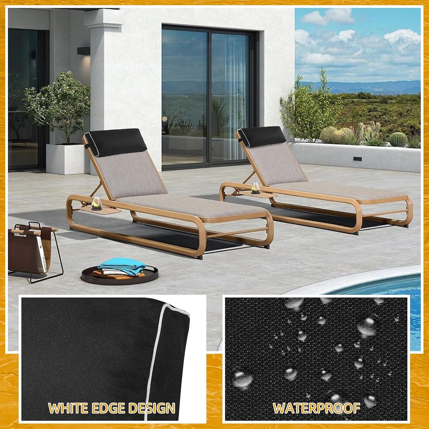 2 Pack Outdoor Chaise Lounge Head Pillow, Patio Pool Chair Pillows Water Resistant Headrest Pillow Lumbar Pillows with Insert and Adjustable Elastic Strap for Recliner Beach Chair, Dark Gray