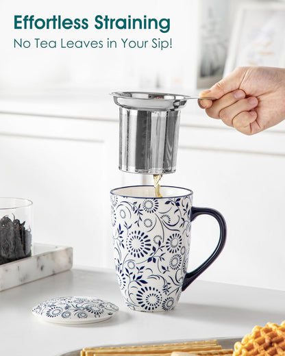 vancasso SELENE Porcelain Tea Mug, 18 oz Porcelain Tea Cup with Infuser and Lid Steeps Loose Leaf Tea, Microwave & Dishwasher Safe, Five-Leaf Clover