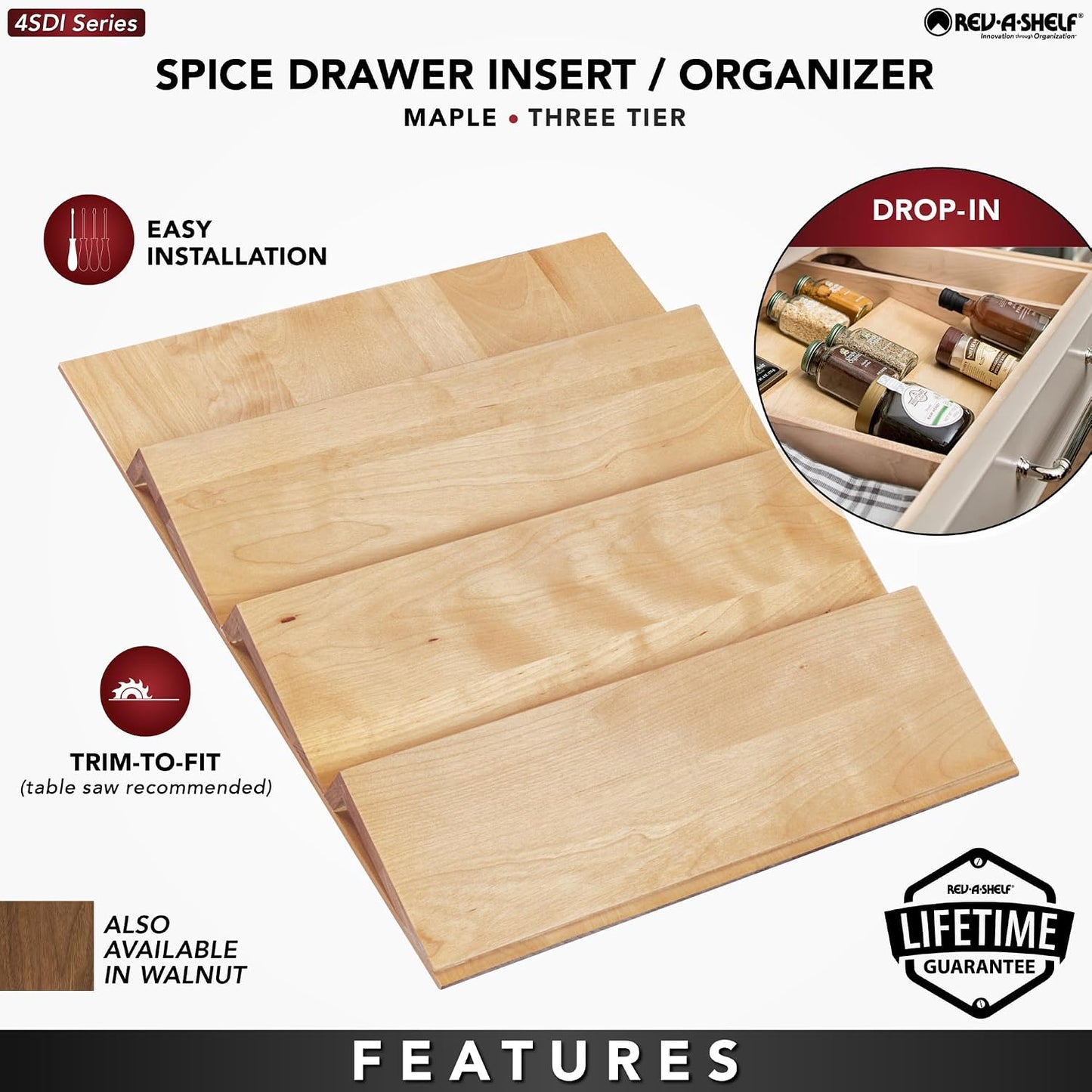 Rev-A-Shelf Walnut Trim-to-Fit Spice Drawer Insert Organizer