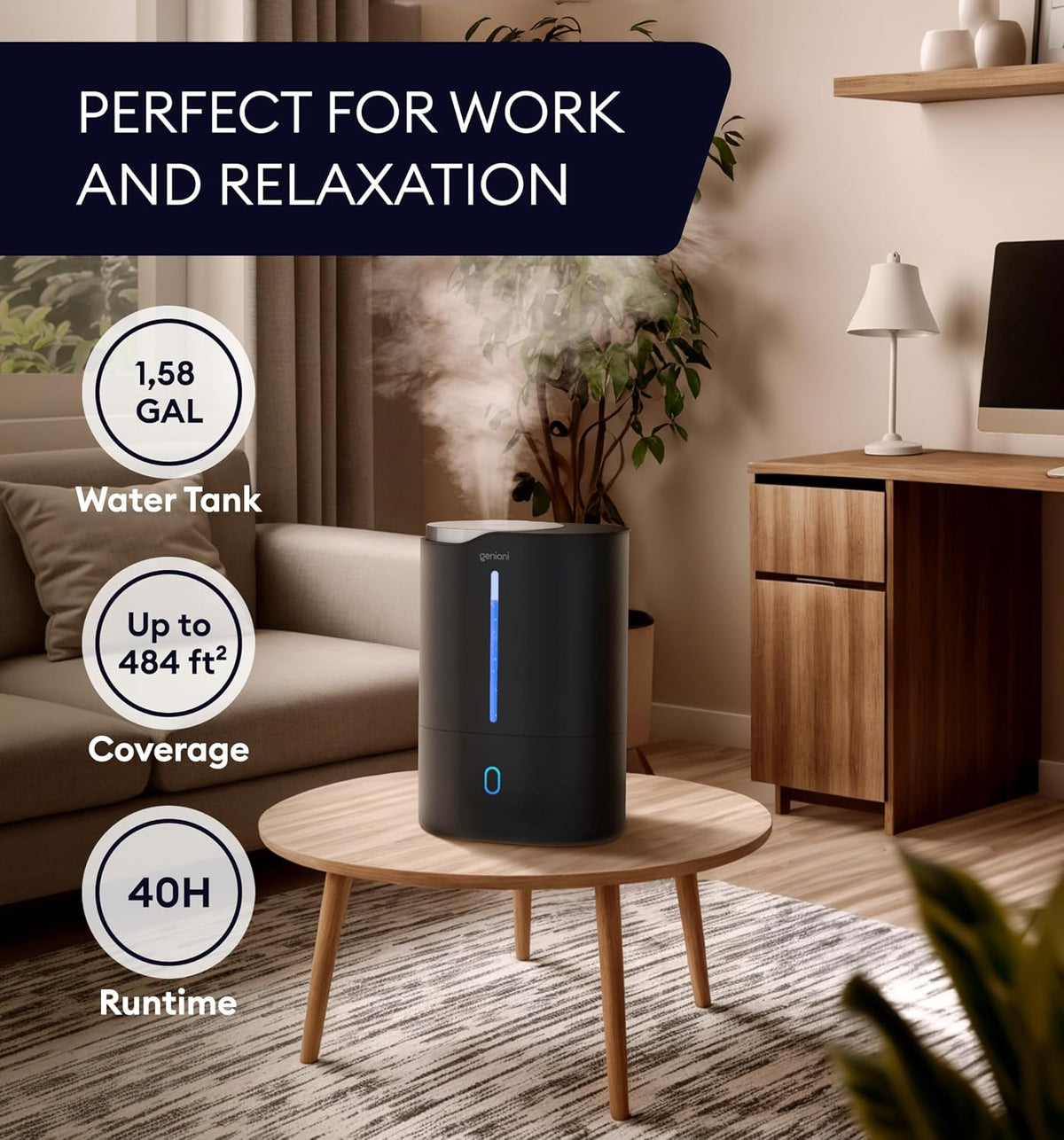 GENIANI Cool Mist Air Humidifiers for Bedroom, Plants, and Large Rooms - Quiet Humidifiers for Baby Room with Auto Shut Off & Night Light (3.9L, White)