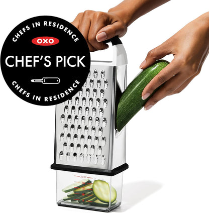 OXO Good Grips 4-Sided Box Grater for Cheese & Vegetables with Container | Stainless Steel Grating Surfaces, Non-Slip Handle, Detachable Container, Cheese, Vegetables, Zesting, Multi Purpose Grater