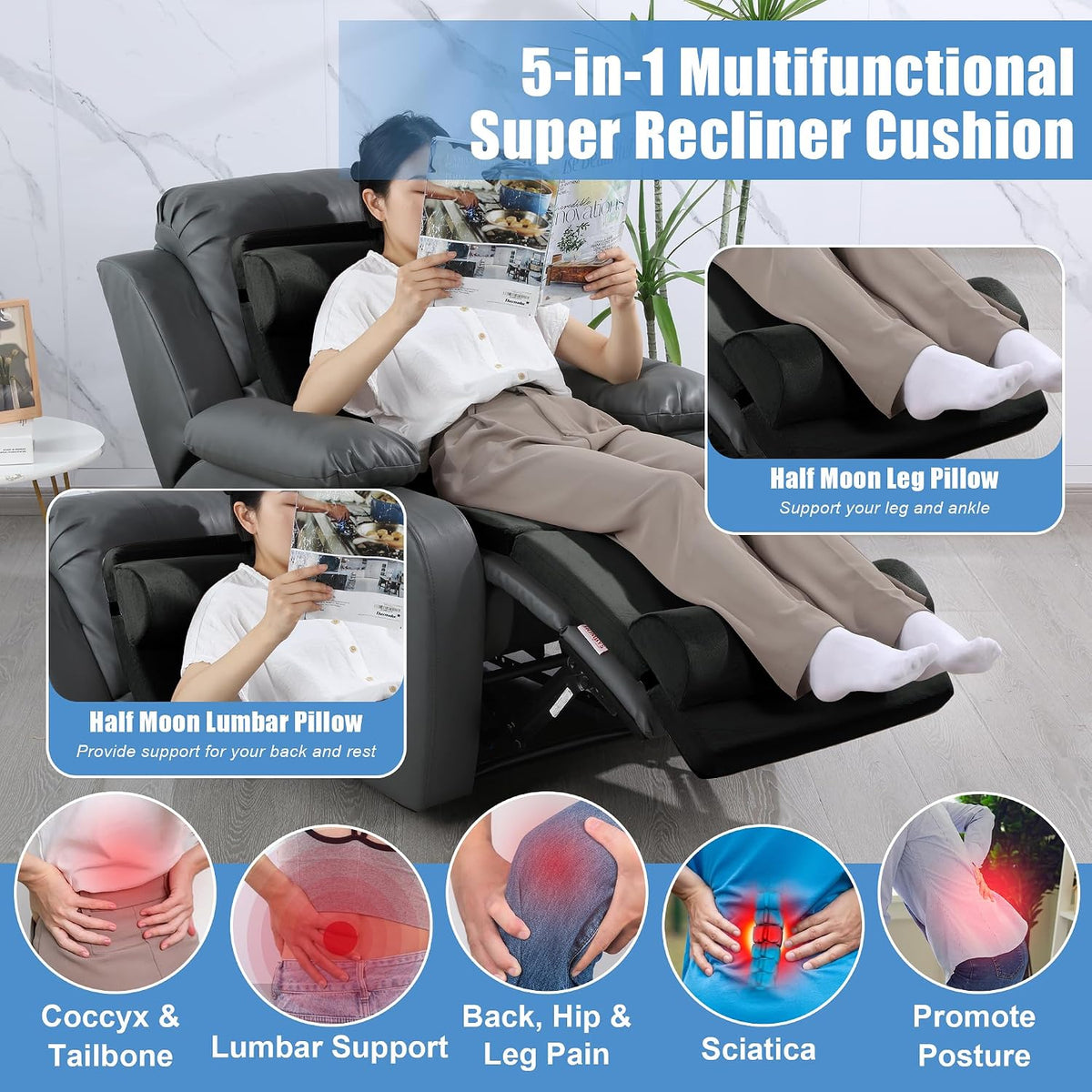 HOMBYS 5-in-1 Recliner Seat Cushion for Elderly+Lumbar Support Pillow + Leg Pad, with Adjustable Half Moon Neck Pillow & Footrest, Foam Filling with Velvet Fabric, Thick & Non-Slip, Brown