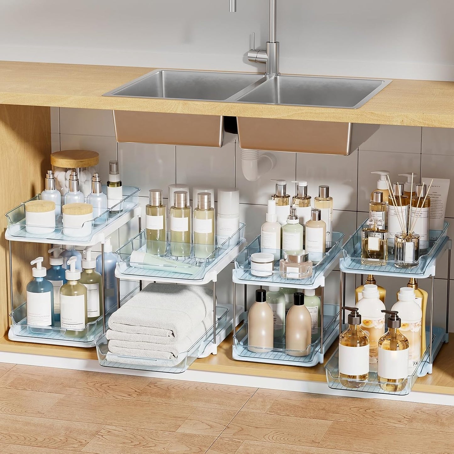 Delamu 2-Tier Multi-Purpose Bathroom Under Sink Organizers and Storage, Stackable Kitchen Pantry Organization, Pull Out Medicine Cabinet Organizer with Movable Dividers, White, 2 Pack