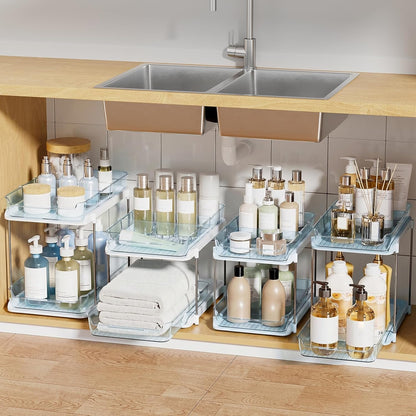 Delamu 2-Tier Multi-Purpose Bathroom Under Sink Organizers and Storage, Stackable Kitchen Pantry Organization, Pull Out Medicine Cabinet Organizer with Movable Dividers, White, 2 Pack