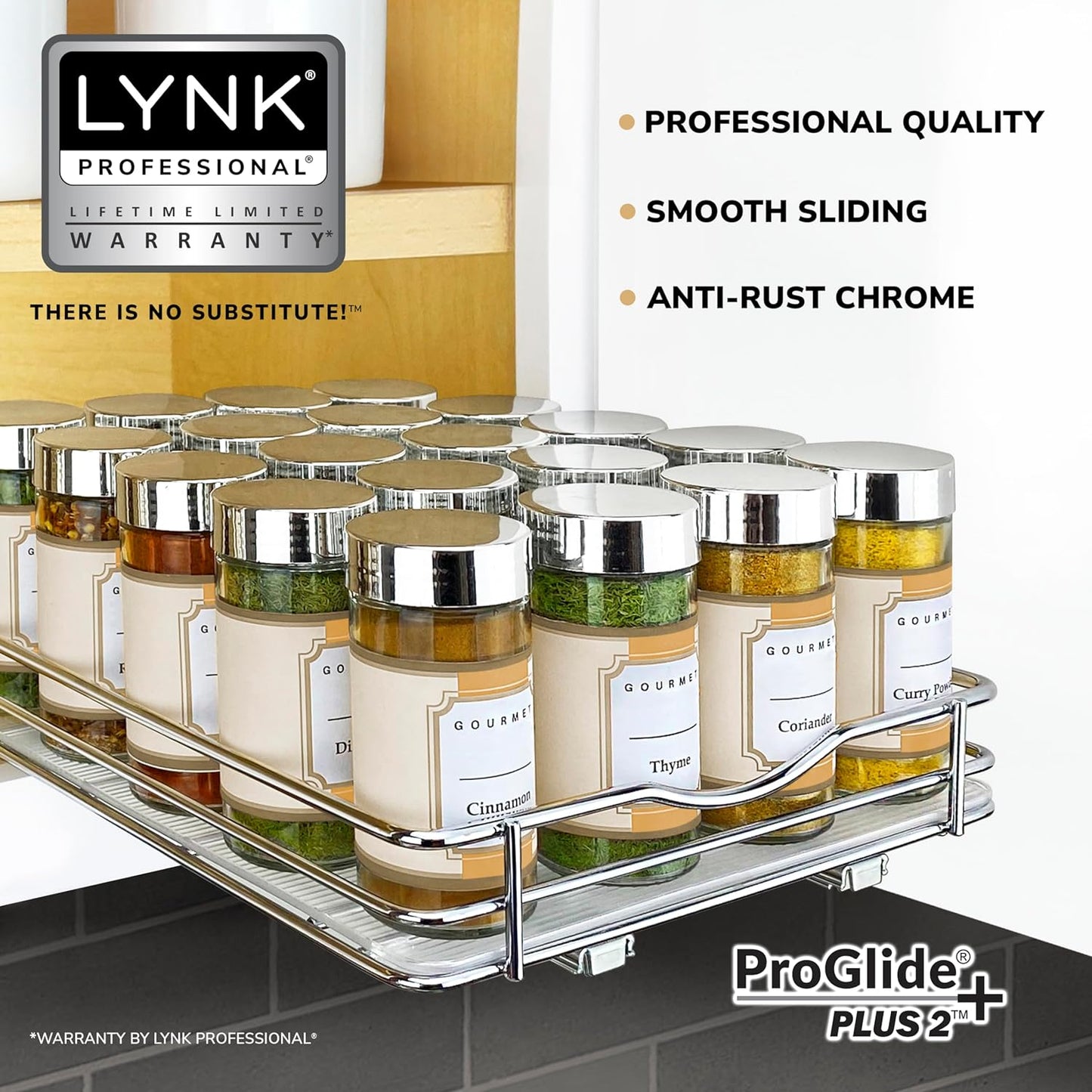 LYNK PROFESSIONAL® Pull Out Spice Organization for Cabinets - 4-3/8 inch Wide – Spice Rack for Inside Cabinets, Slide Out Spice Rack Organizer for cabinet – Pull Out Spice Rack, Sliding 2 Tier Chrome