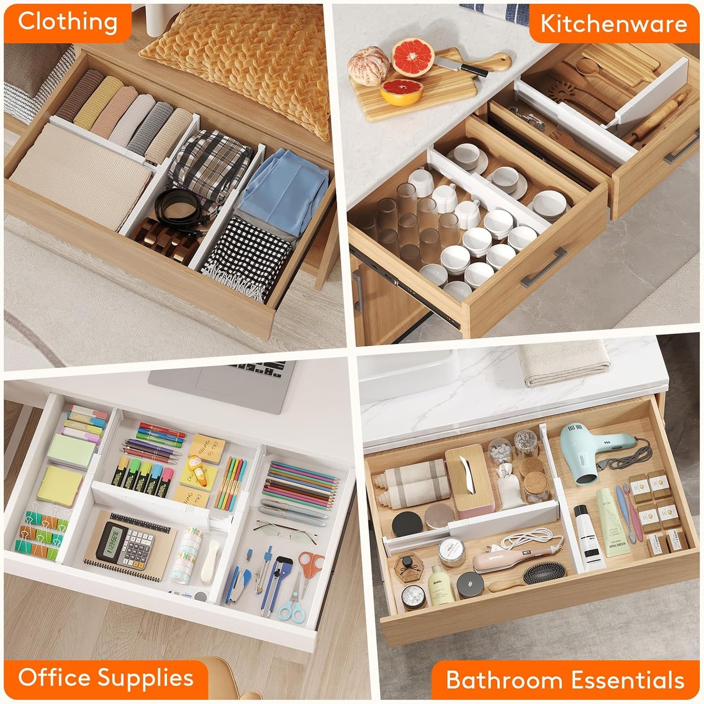 Lifewit 5 Pack Upgrade Drawer Dividers for Clothes, 4" High 11"-17" Adjustable Dresser Drawer Organizers, Expandable White Plastic Drawer Separators for Kitchen, Nursery, Office Organization & Storage | 5 Pack 11"-17" Expandable White Plastic Drawer