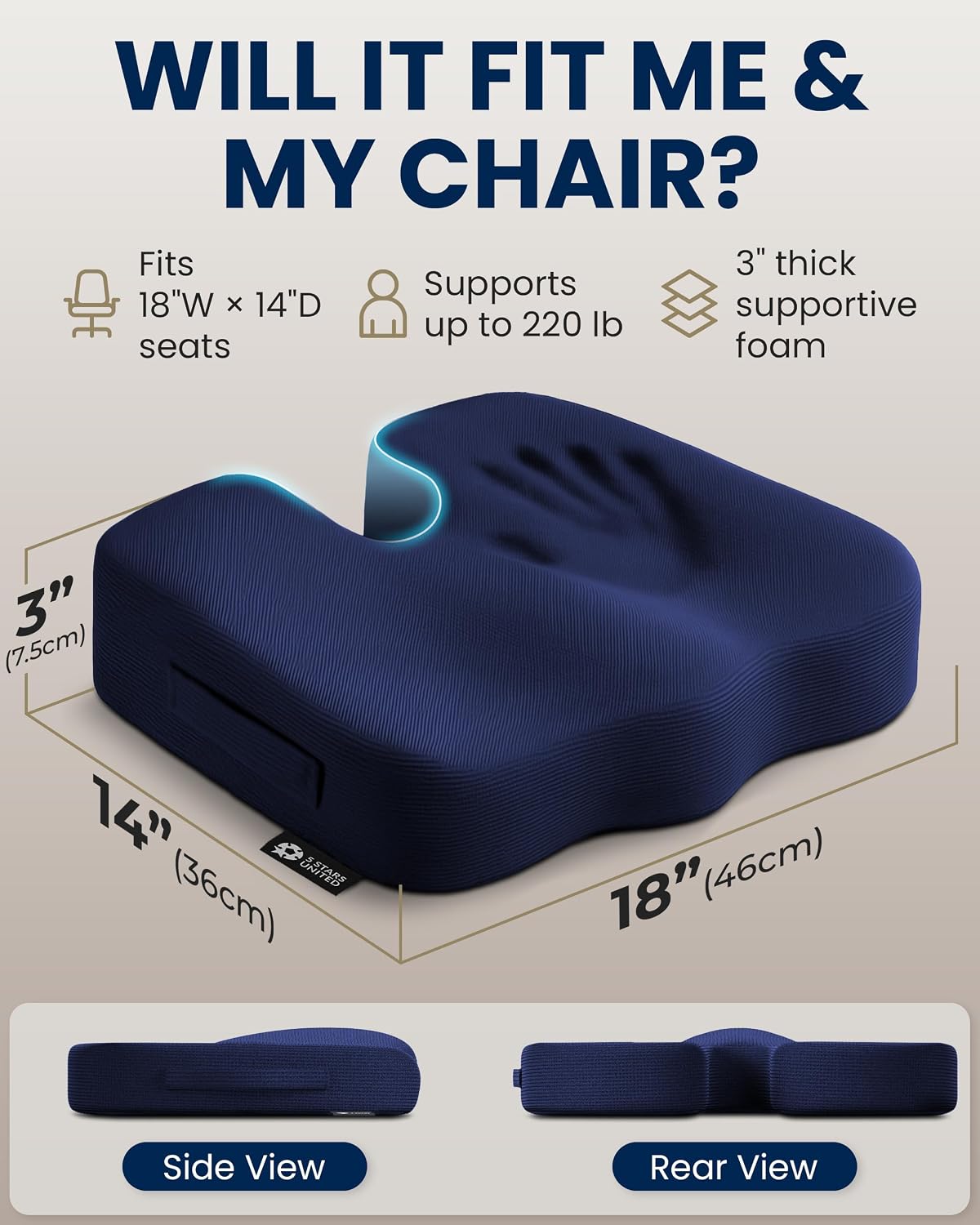 5 STARS UNITED Seat Cushion - Memory Foam Chair Cushion for Tailbone Pain Relief - Ergonomic Support for Coccyx, Sciatica & Butt - Office, Desk & Gaming Chair, Car Seat, Wheelchair, Airplane, Black