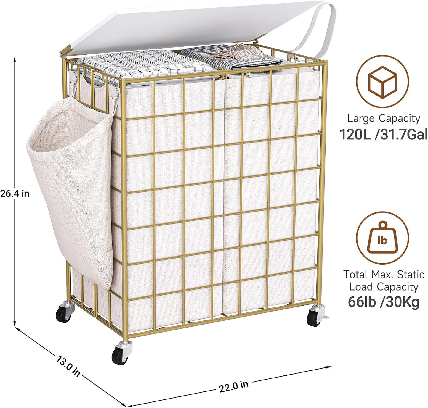 90L Laundry Basket with Wheels, Large Capacity Laundry Hamper with Removable Liner Bags, Heavy Duty Laundry Sorter with Solid Wood Lid & Leather Handles, Grey