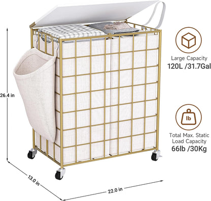90L Laundry Basket with Wheels, Large Capacity Laundry Hamper with Removable Liner Bags, Heavy Duty Laundry Sorter with Solid Wood Lid & Leather Handles, Grey
