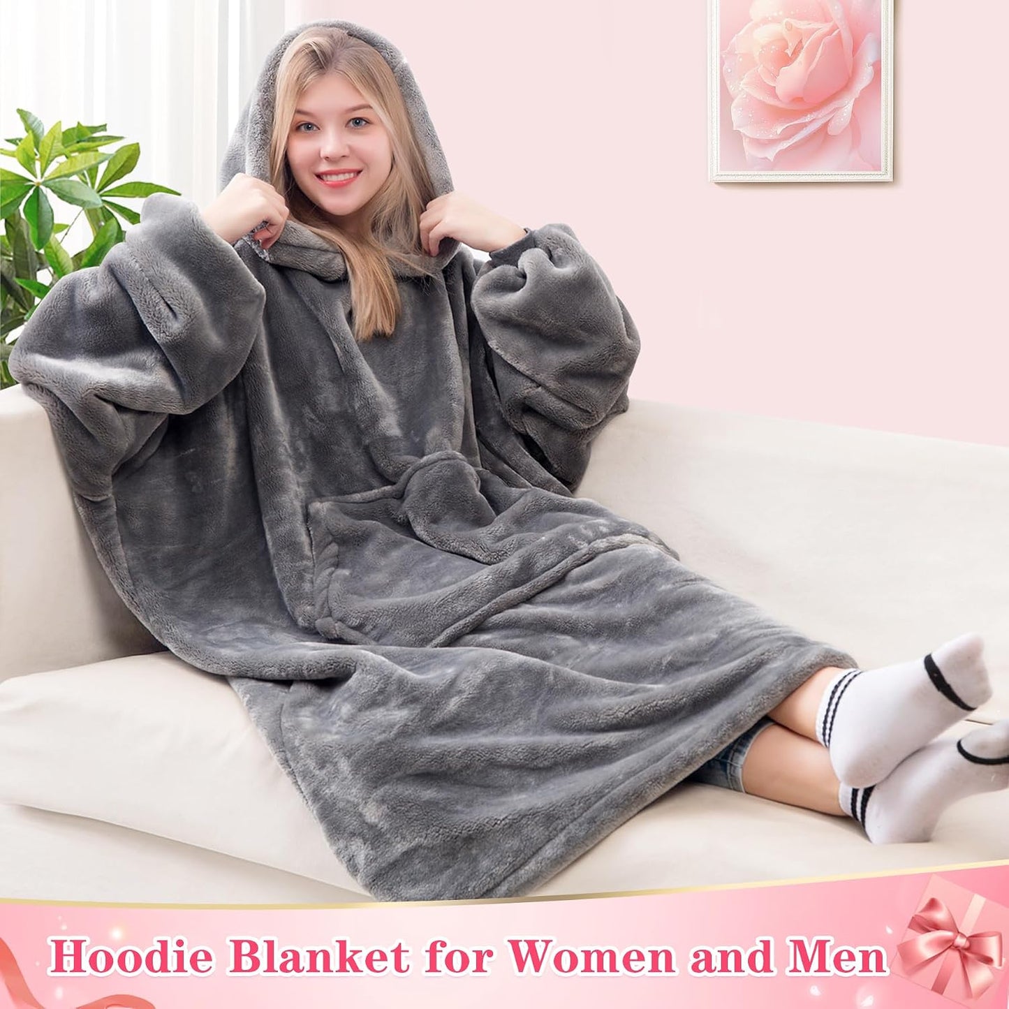 Wearable Blanket Sweatshirt Gifts for Women and Men, Warm and Cozy Giant Blanket Hoodie, Thick Flannel Blanket with Sleeves and Giant Pocket - Dark Gray