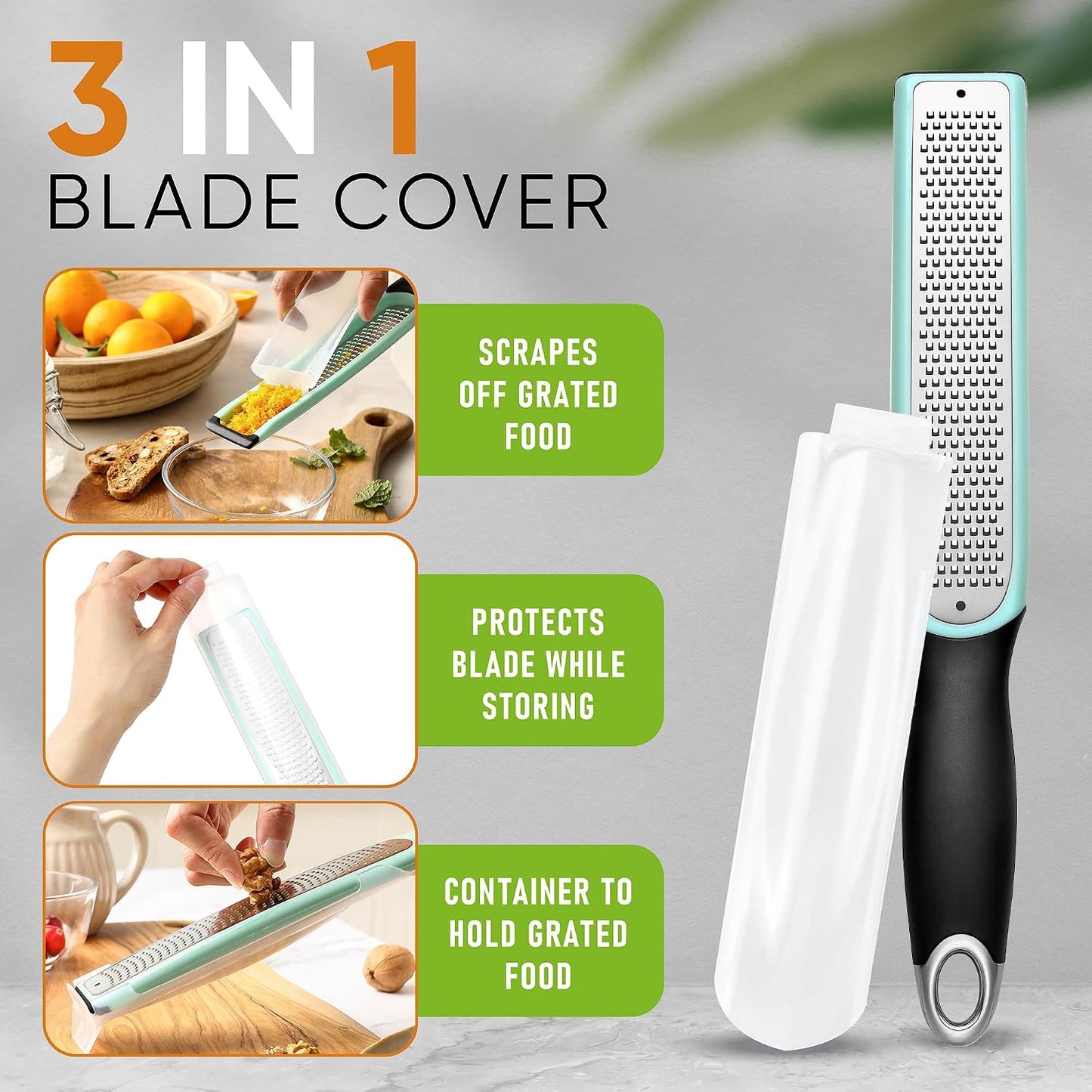 Spring Chef Stainless Steel Lemon Zester - Garlic & Ginger Grater - Gray | Premium Zester with Blade Cover, Cheese Grater with Handle for Parmesan, Nutmeg, Lime - Durable Citrus Zester, Fine Shred