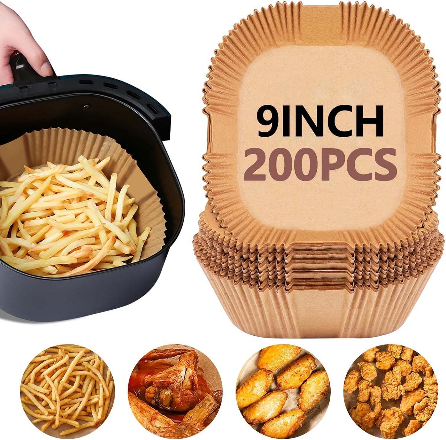 UBeesize 9 Inch Disposable Air Fryer Liners 200 Pack Square Parchment Liner