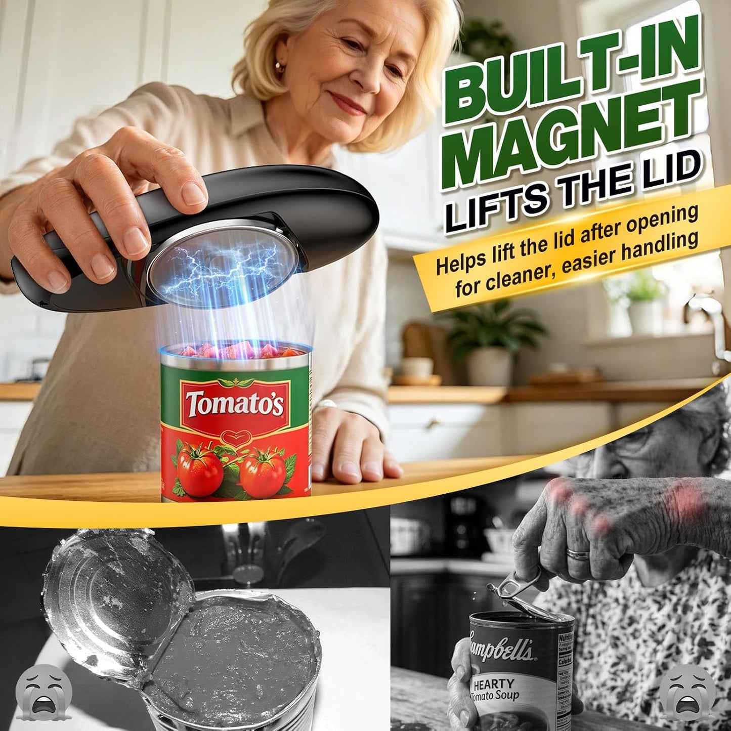 Electric Can Opener, One Touch Side Cut Automatic Can Opener with Smooth Edge, Safe & Easy Battery Operated Can Opener Fits Almost Cans, Kitchen Gadget for Seniors, Arthritis and Weak Hands
