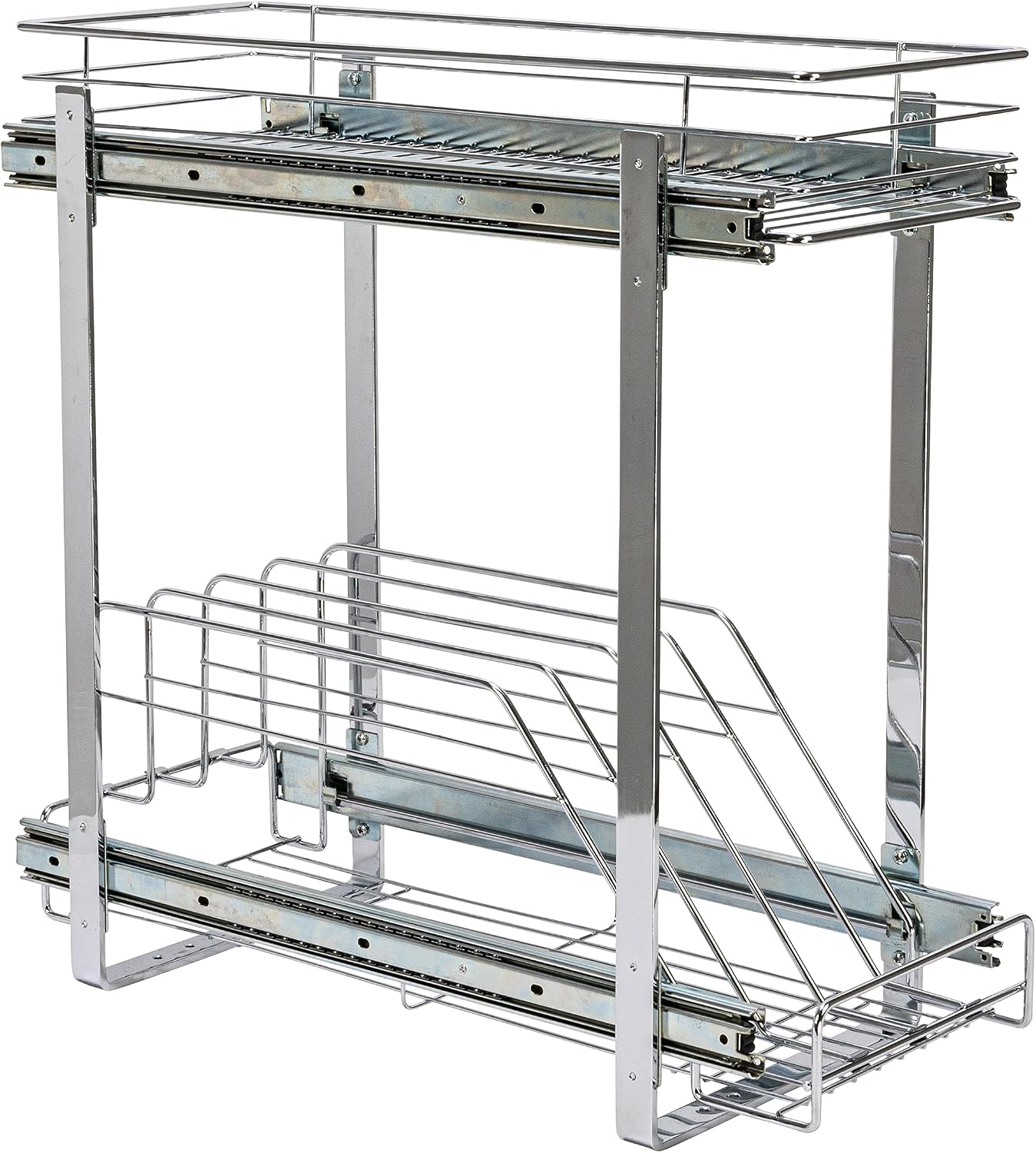 Household Essentials Glidez Multipurpose Chrome-Plated Steel Pull-Out/Slide-Out Storage Organizer for Cookware and Bakeware - 2-Tier Design - Fits Standard Size Cabinet or Shelf, Chrome