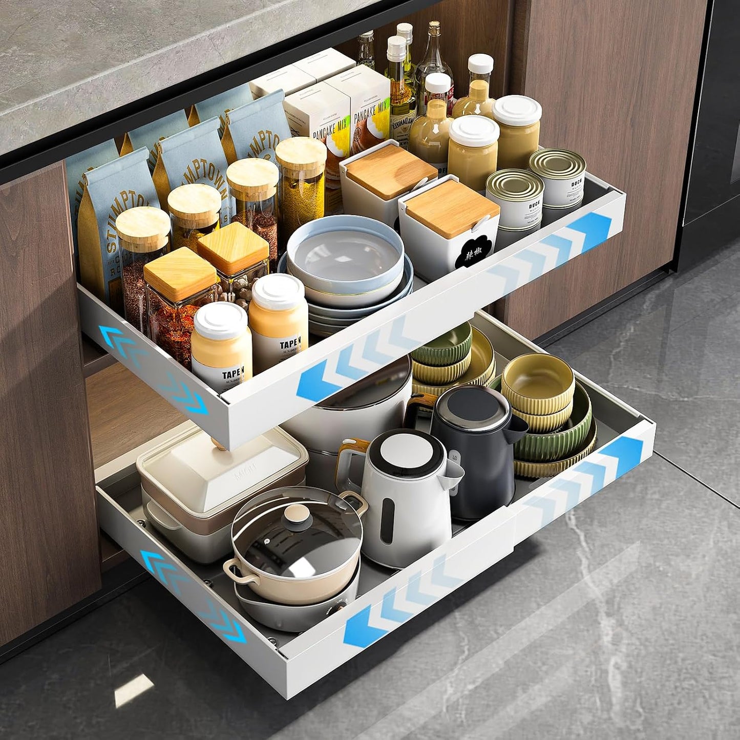 Mustorn 2 Pack Pull Out Cabinet Organizer, Slide Out Drawers for Cabinets, Peel and Stick, Heavy Duty Shelves for Kitchen, Cupboard, Pantry, Bathroom (16.5"D*11.8"W*3.94"H-Black)