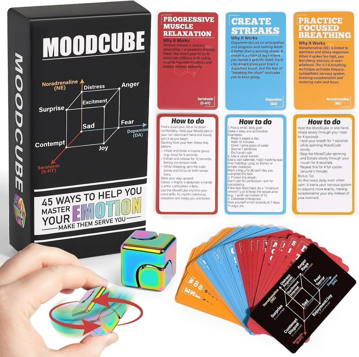 Self Care Cards for Anxiety Relief with MoodCube Spinner, 45 Science-Inspired Mindfulness Exercises for Adults, Relaxation & Emotional Wellness Gift for Friends, Colleagues & Family
