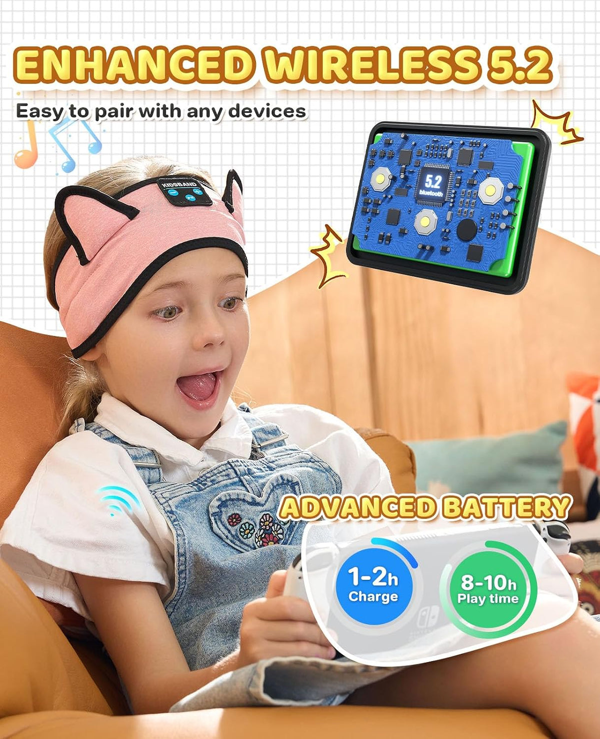 KIDSBAND Kids Bluetooth Headphones, Sleep Headband [Wireless & Wired Playback 2in1] Foldable Headphones for School/Travel/Tablet/Sleep